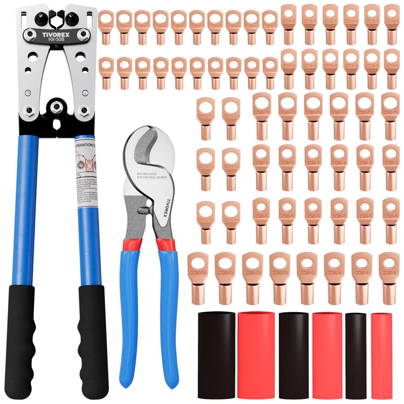 Tivorex Battery Cable Lug Crimping Tool for AWG 8-1/0 Electrical Lug  with Cable Cutter 64pcs Ring Terminals and 70pcs Heat Shrink Tubing - Image 1